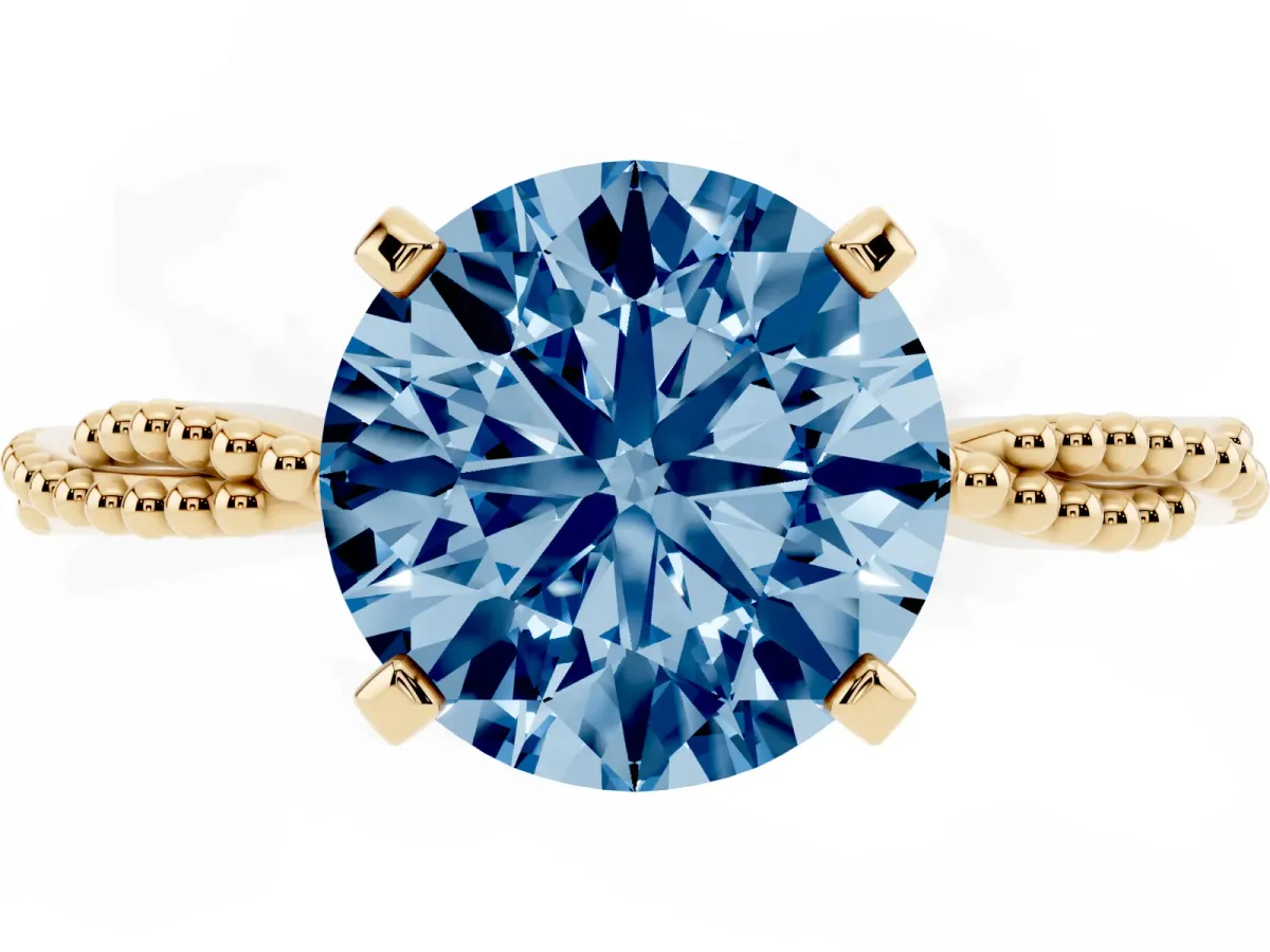 Fancy Blue Round Cut Solitaire Twisted Band with Bead Prong Setting Yellow gold