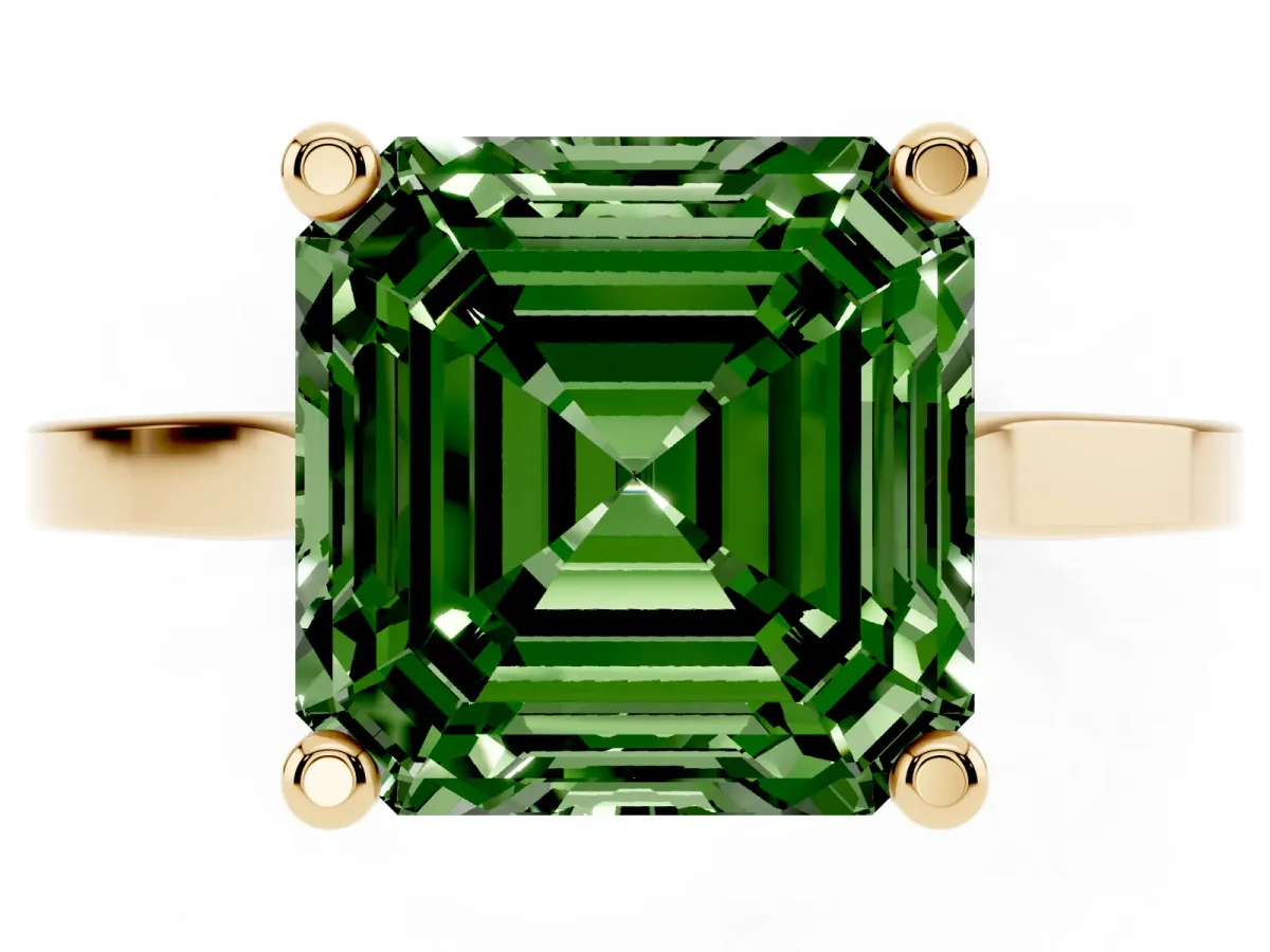 Fancy Green Asscher Cut Solitaire Diamond Ring with Four-Prong Setting and Tapered Band Yellow gold