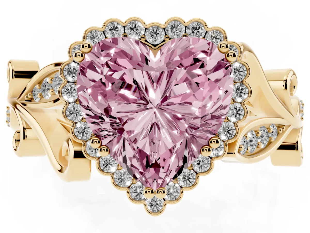 Fancy Pink Heart Cut Diamond Halo Ring with Vintage Split Shank and Four-Prong Setting Yellow gold