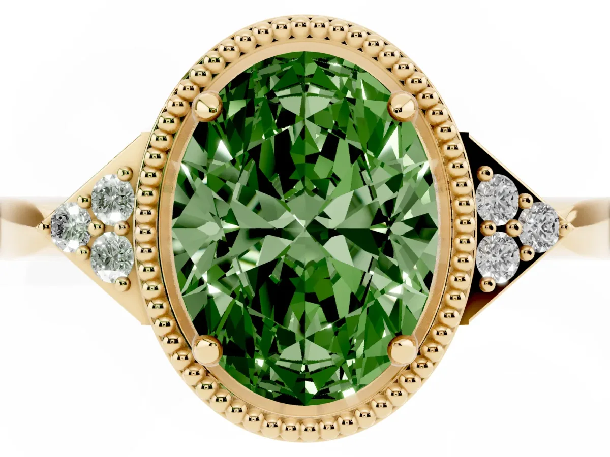Fancy Green Oval Cut Diamond Halo Ring with Tapered Band and Four-Prong Setting Yellow gold