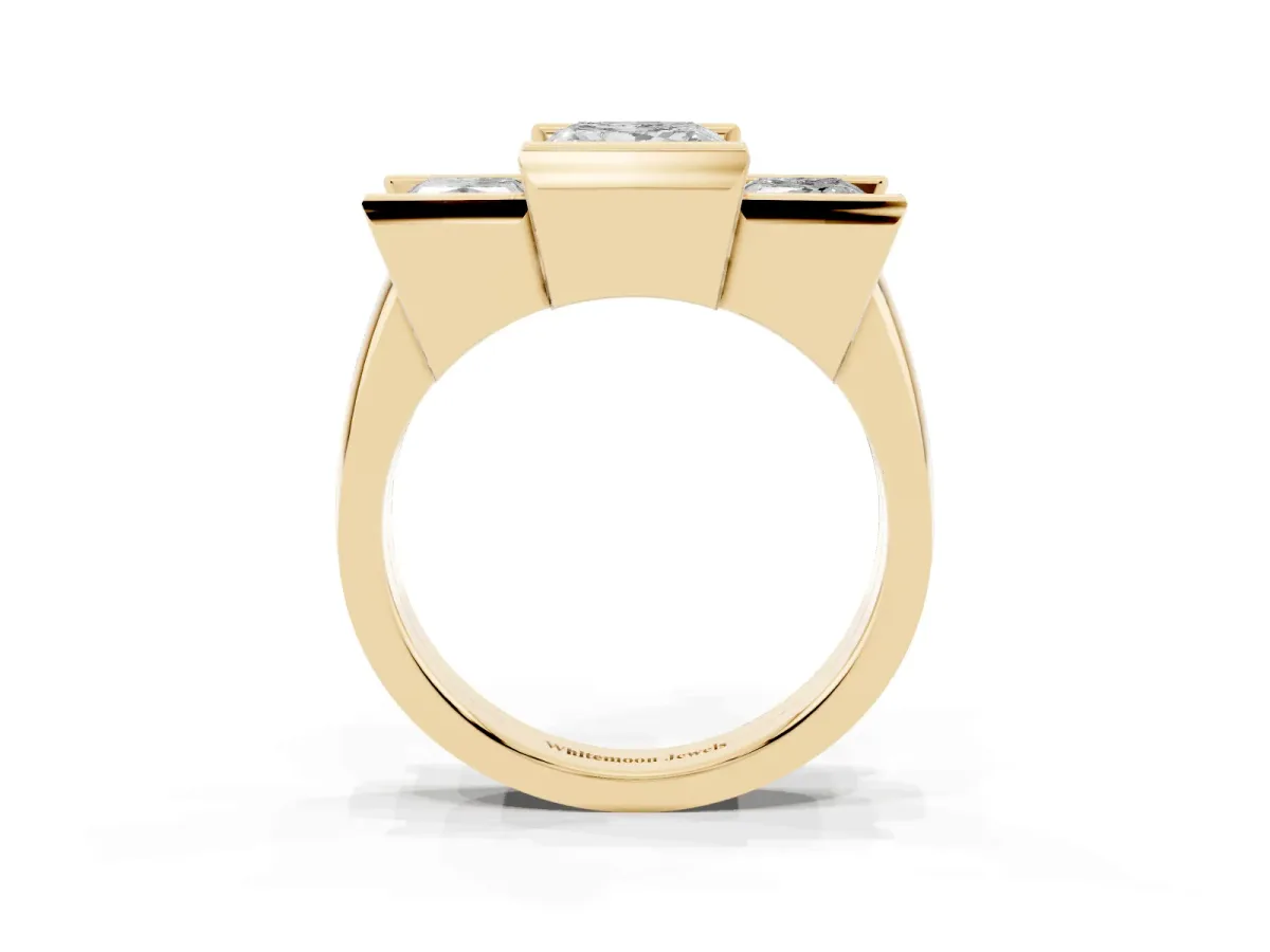 Three Stone Princess Cut Cut Channel Set Diamond Ring Yellow gold