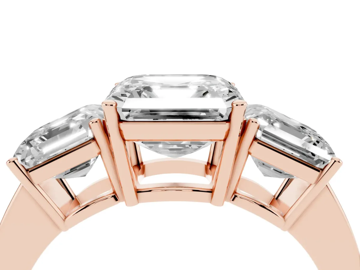 Three-Stone Asscher Cut Cut Diamond Engagement Ring with Flat Band and Four-Prong Setting Rose gold