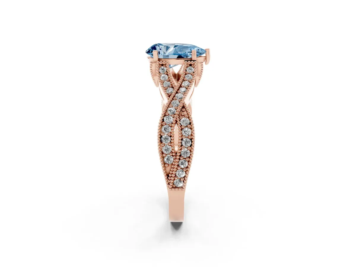 Fancy Blue Pear Cut Cut Diamond Twisted Band with Milgrain Pave Setting and Four-Prong Setting Rose gold