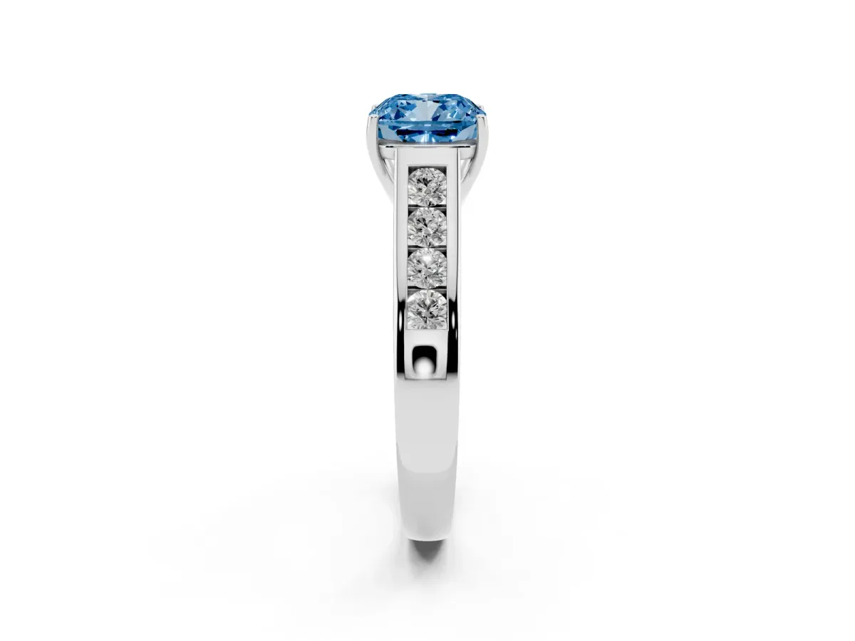 Fancy Blue Cushion Cut Solitaire Channel-Set Diamond Engagement Ring with Four-Prong Setting Platinum