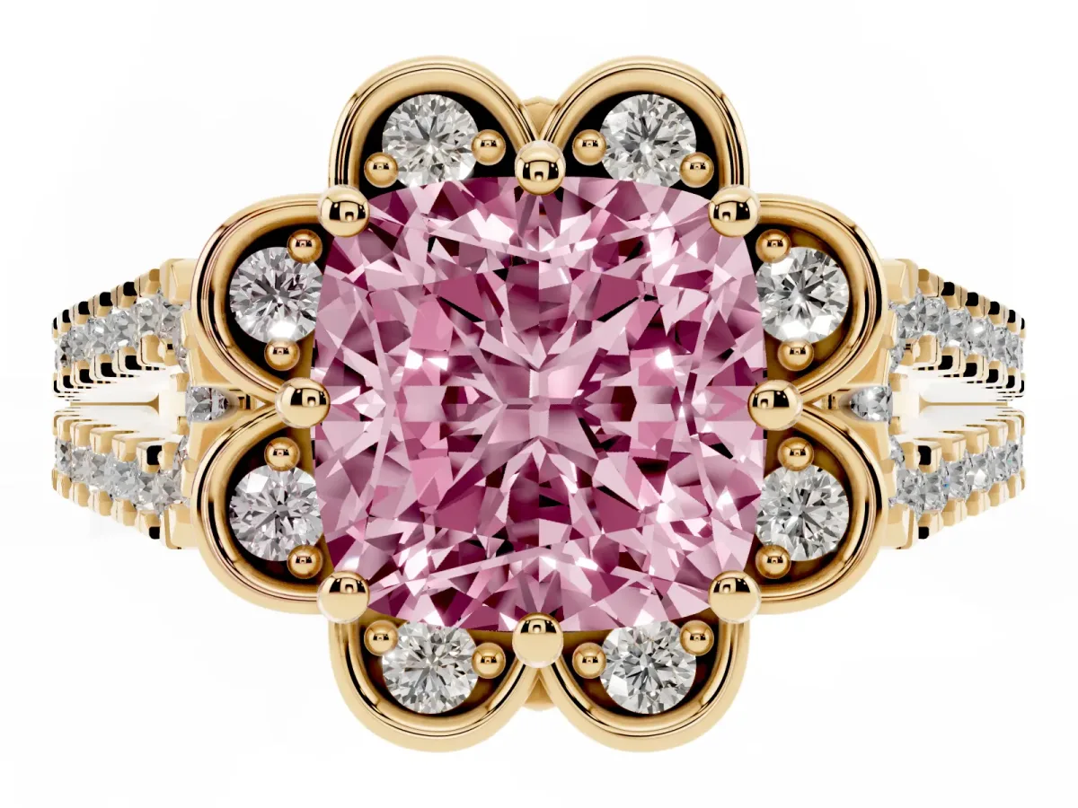 Fancy Pink Cushion Cut Halo Diamond Floral Split Shank Engagement Ring Yellow gold