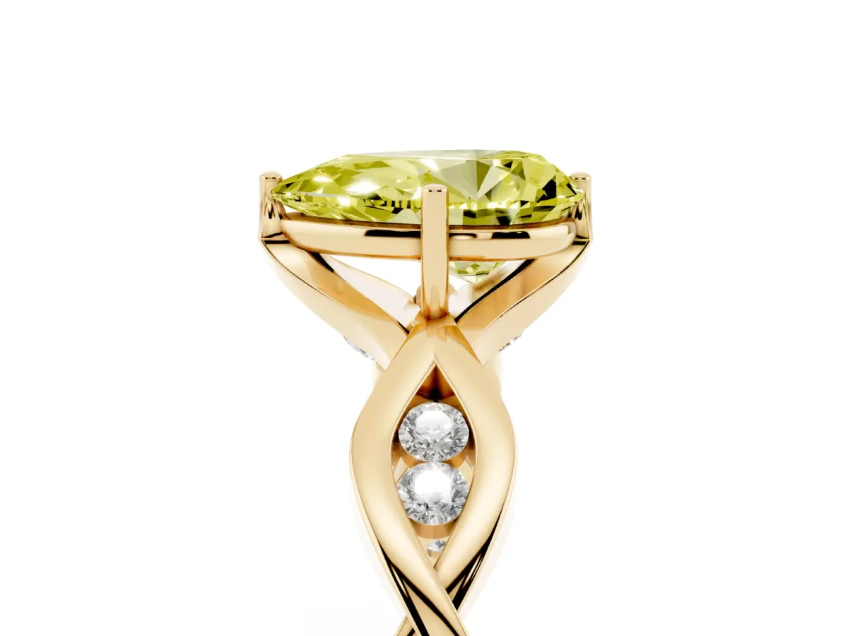 Fancy Yellow Pear Cut Solitaire Twist Band with Leaf Prong Setting Yellow gold