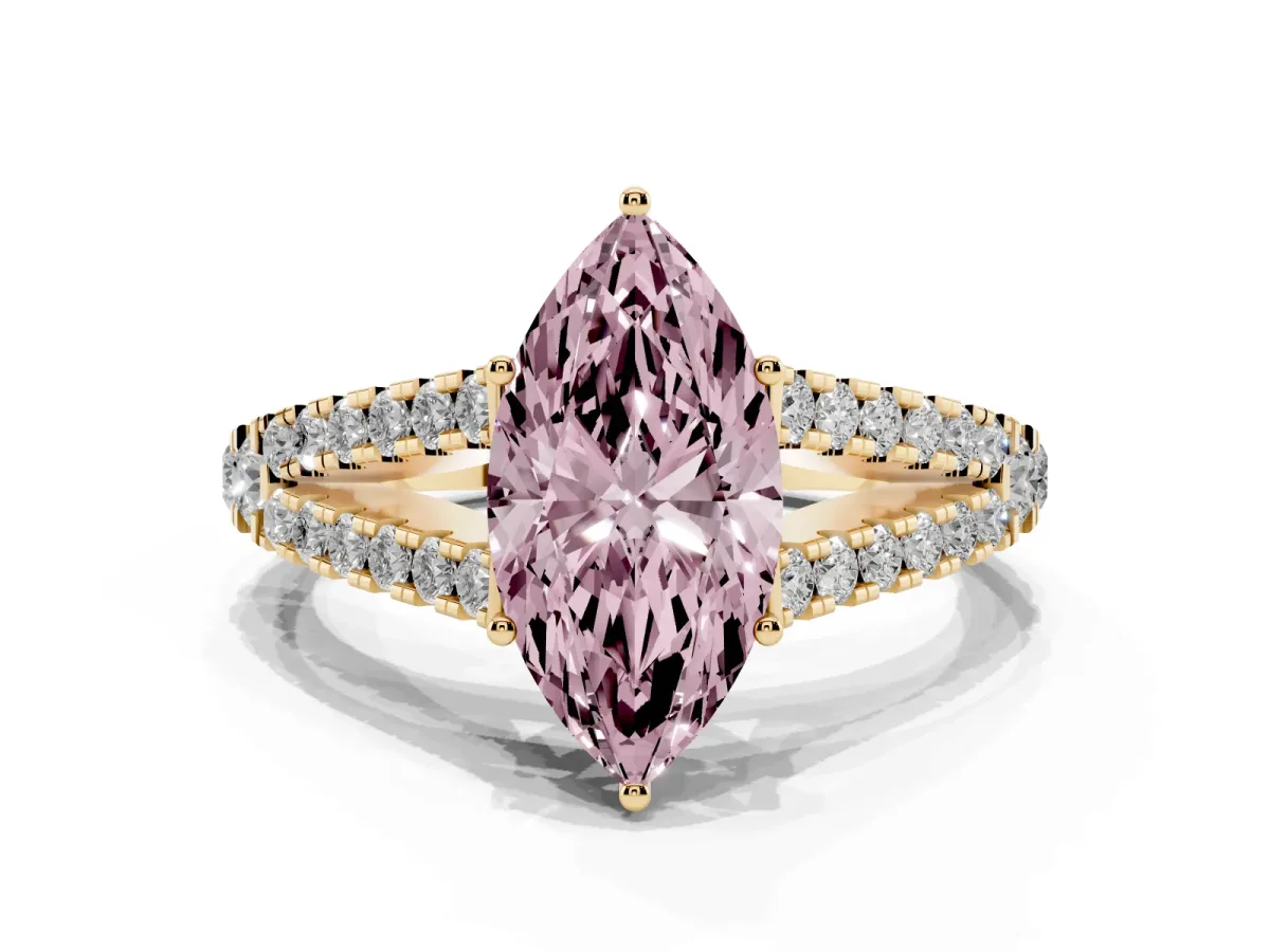 Fancy Pink Marquise Cut Diamond Split Shank Pavé Engagement Ring with Four-Prong Setting Yellow gold