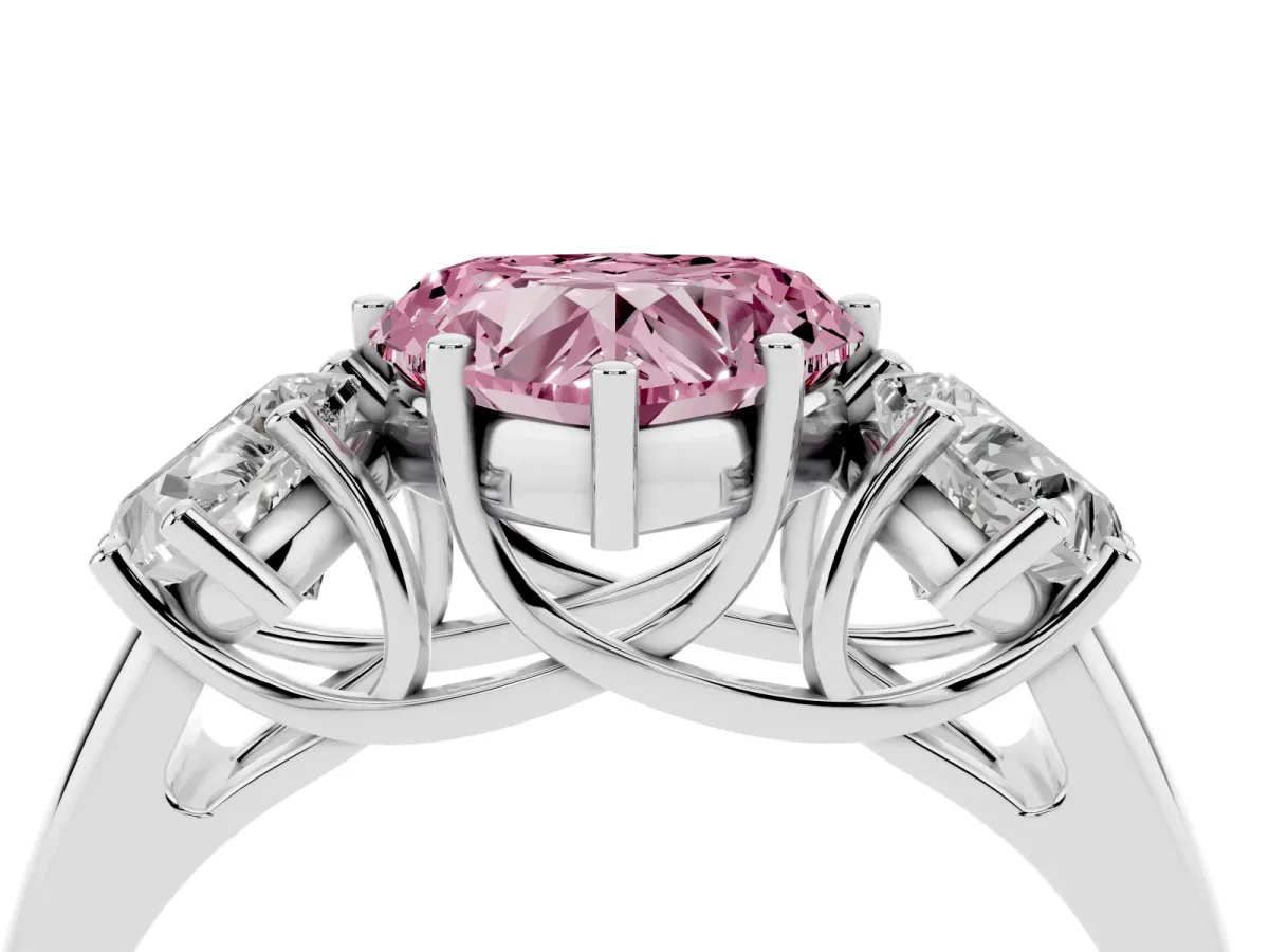 Fancy Pink Three-Stone Heart Cut Diamond Engagement Ring with Prong Setting Platinum