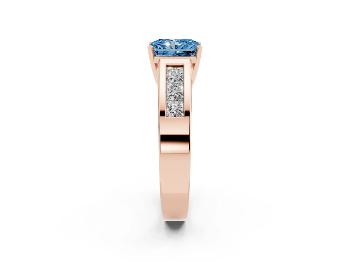 Fancy Blue Radiant Cut Cut Channel Set Solitaire Ring with Four-Prong Setting Rose gold