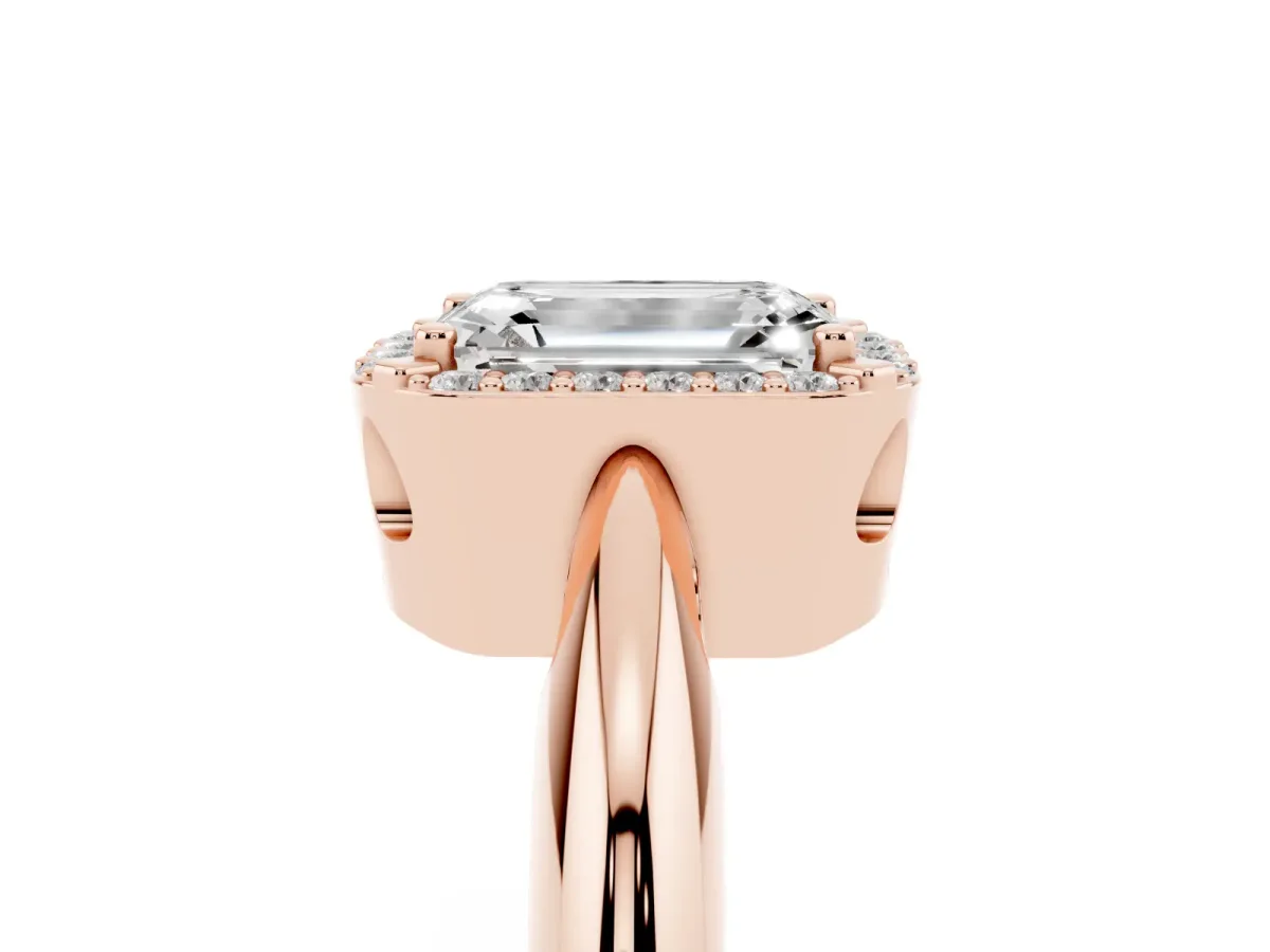 Emerald Cut Cut Diamond Halo Engagement Ring with Split Shank and Four-Prong Setting Rose gold
