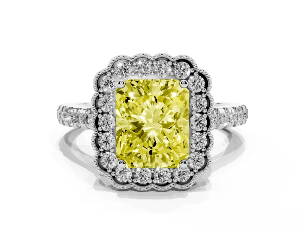 Fancy Yellow Radiant Cut Cut Diamond Milgrain Floral Halo Engagement Ring with Pavé Band White gold
