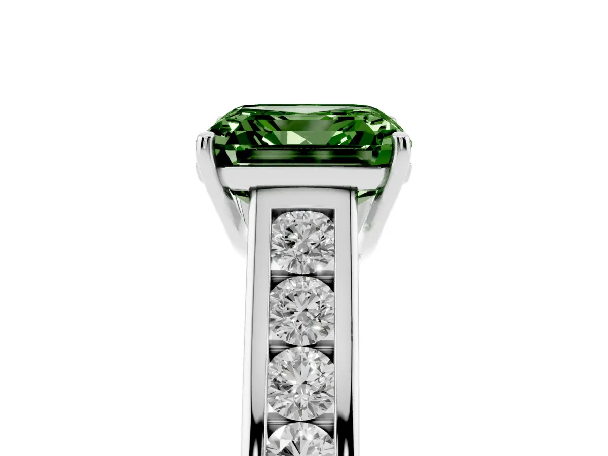 Fancy Green Asscher Cut Brilliant Channel-Set Solitaire Ring with Four-Prong Setting Silver