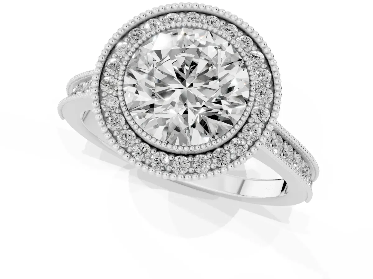 Halo Round Cut-Cut Diamond Pave Band Milgrain Prong Setting Ring Silver