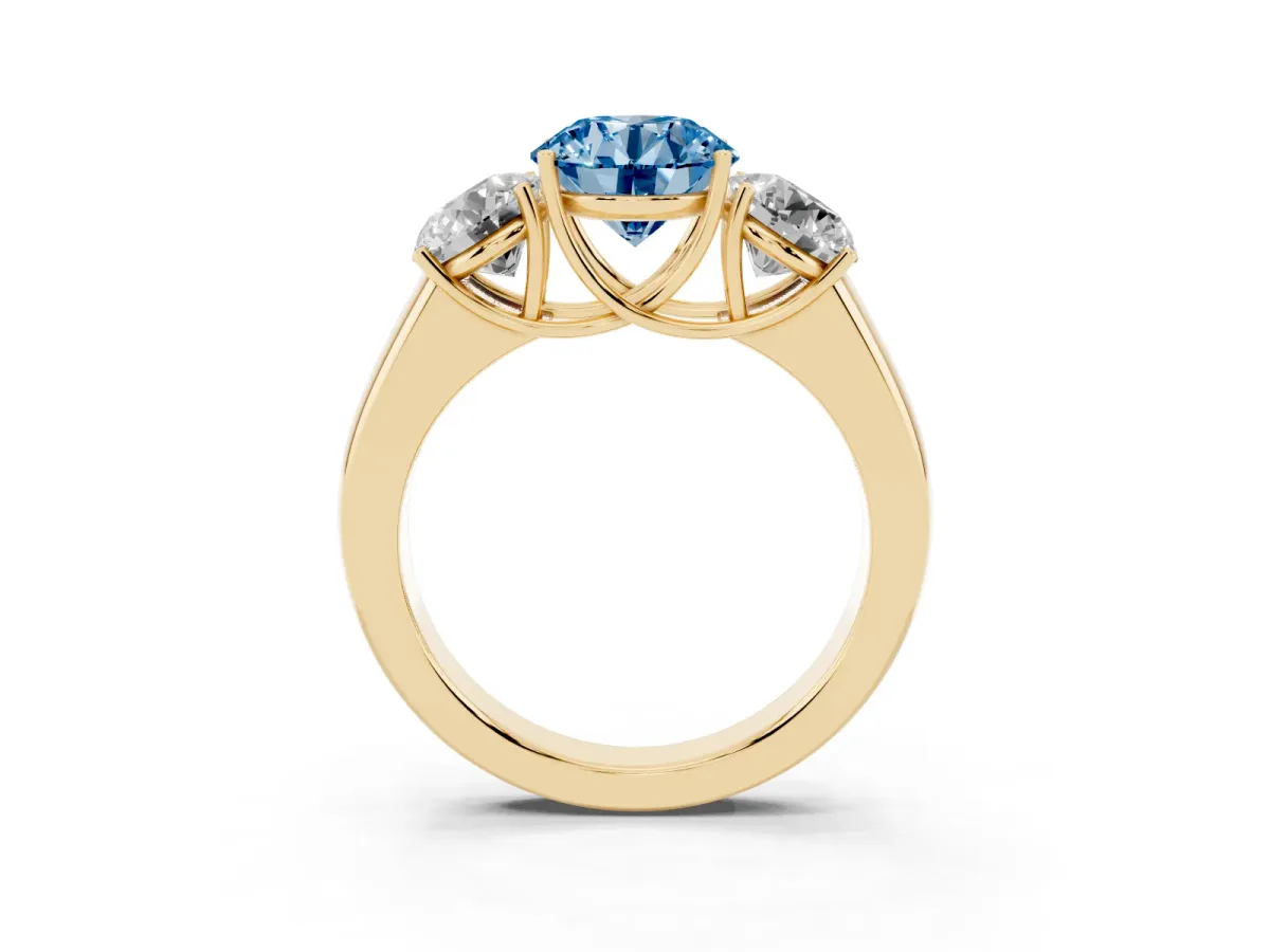Fancy Blue Three-Stone Round Cut Cut Diamond Ring with Prong Setting and Classic Band Yellow gold