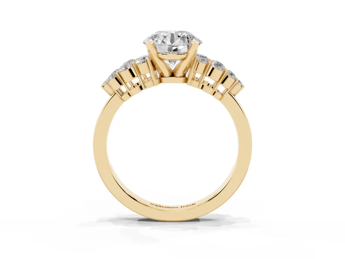 Round Cut Cluster Diamond Engagement Ring with Pavé Band and Four-Prong Setting Yellow gold