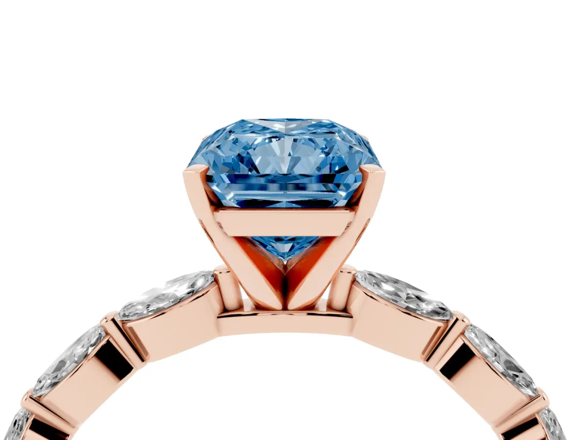 Fancy Blue Radiant Cut Diamond Ring with Marquise Side Stones and Prong Setting Rose gold