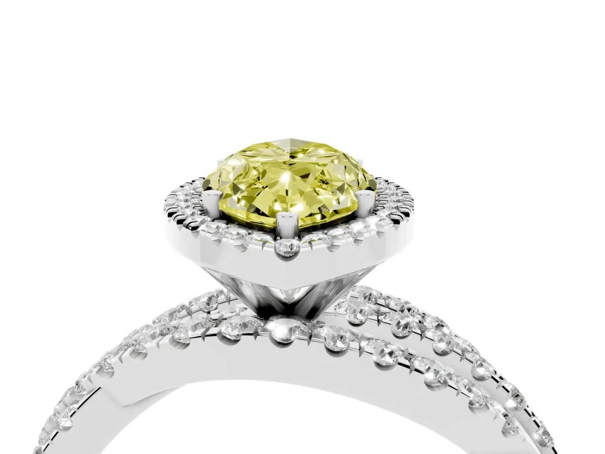 Fancy Yellow Marquise Cut Diamond Halo Ring with Round Split Shank and Prong Setting Silver