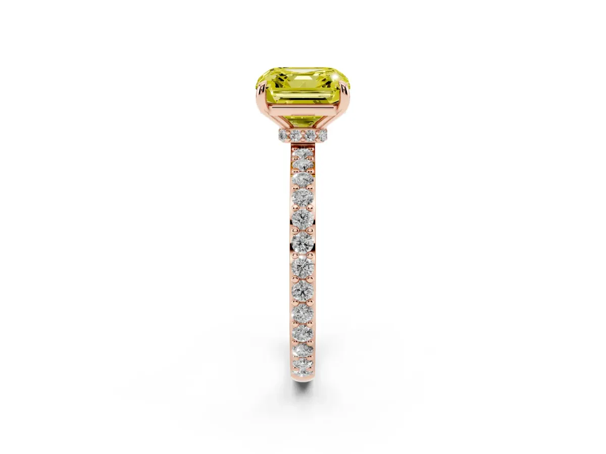Fancy Yellow Asscher Cut Diamond Pavé Engagement Ring with Round Accents and Prong Setting Rose gold