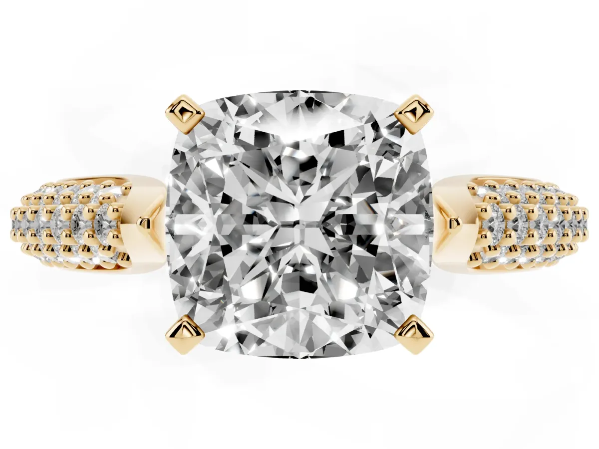Cushion Cut Diamond Solitaire Engagement Ring with Multi-Row Round Pavé Band and Prong Setting Yellow gold