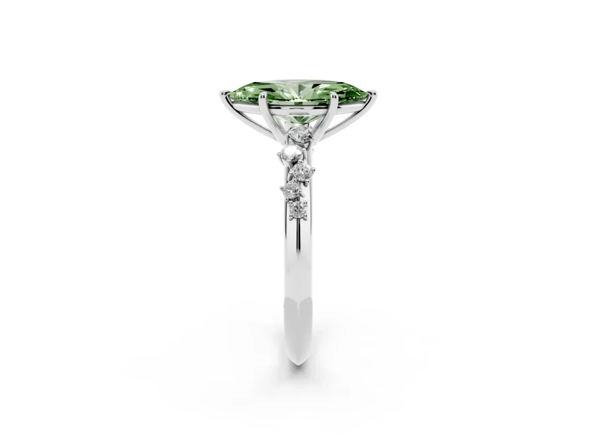 Fancy Green Marquise Cut Diamond Cluster Side Stone Solitaire Ring with Prong Setting Silver