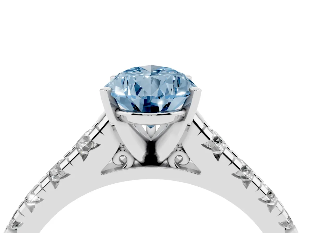 Fancy Blue Pear Cut Diamond Cathedral Solitaire Ring with Round Pavé Band Silver