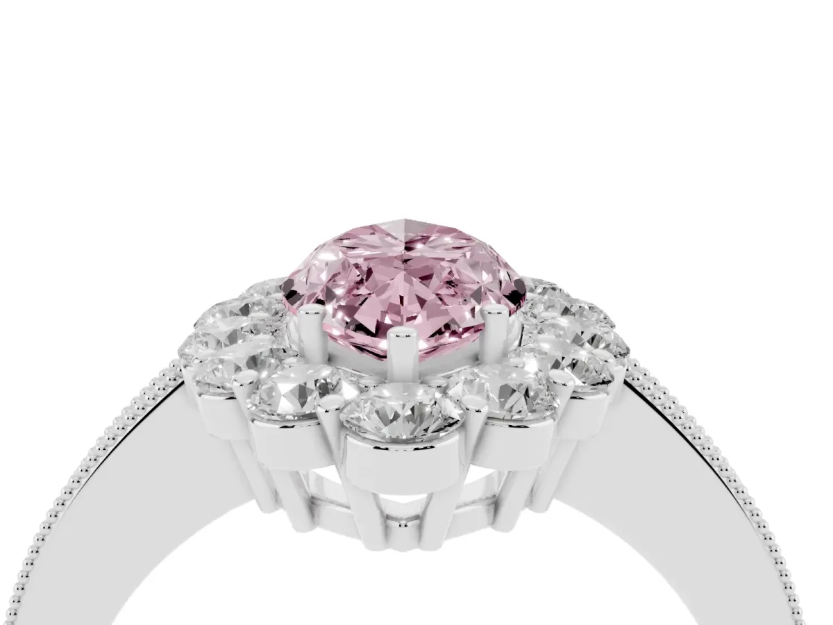 Fancy Pink Marquise Cut Cut Halo Diamond Pavé Engagement Ring with Milgrain Detailing Platinum