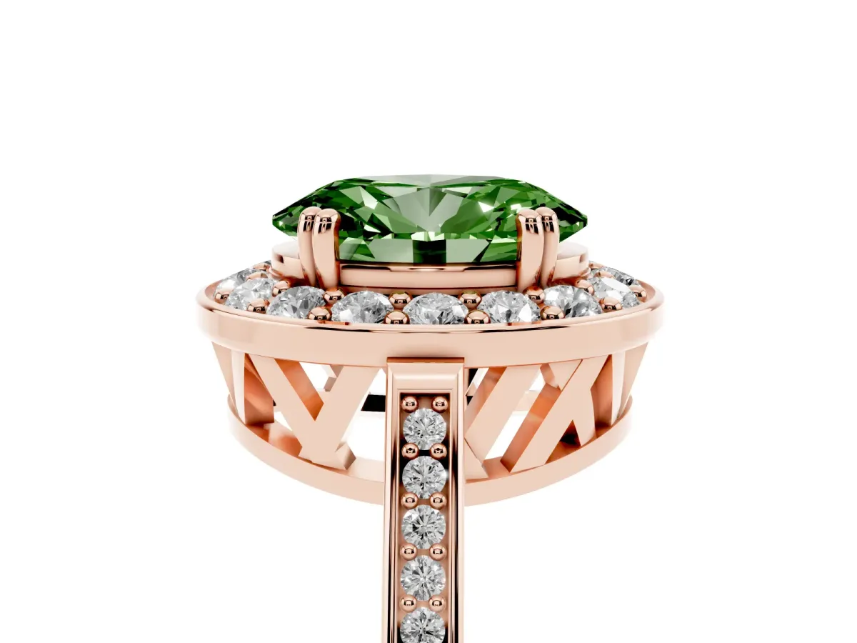 Fancy Green Oval Cut Diamond Halo Ring with Split Shank and Four-Prong Setting Rose gold