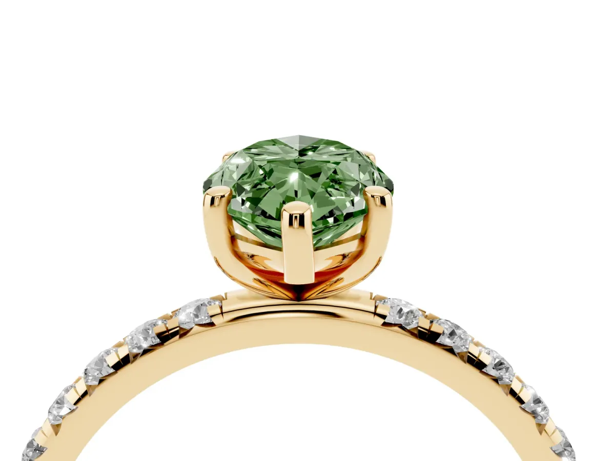 Fancy Green Marquise Cut Cut Diamond Solitaire Ring with Micro Pave Band and Four Prong Setting Yellow gold