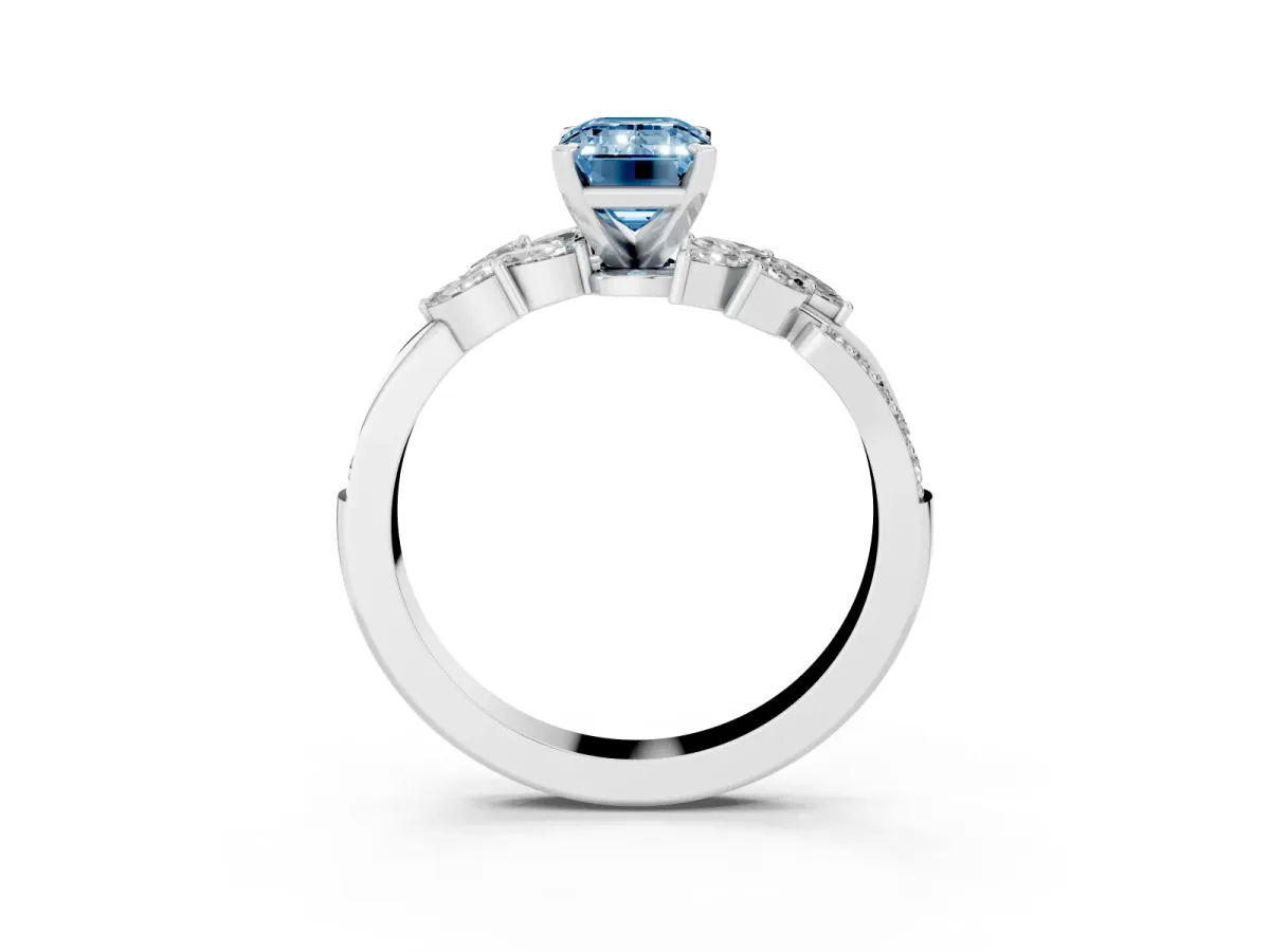Fancy Blue Emerald Cut Solitaire Marquise Twist Band with Six-Prong Setting Silver