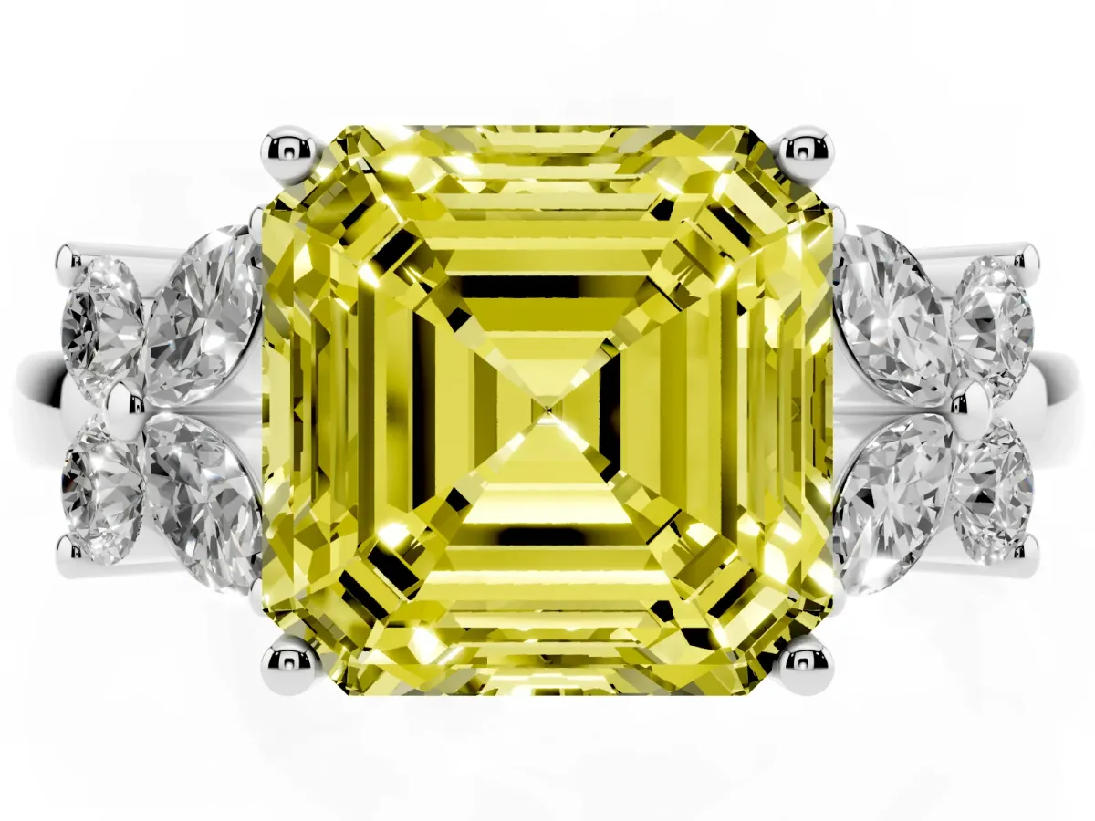 Fancy Yellow Asscher Cut Diamond Floral Cluster Ring with Solitaire Band and Prong Setting White gold