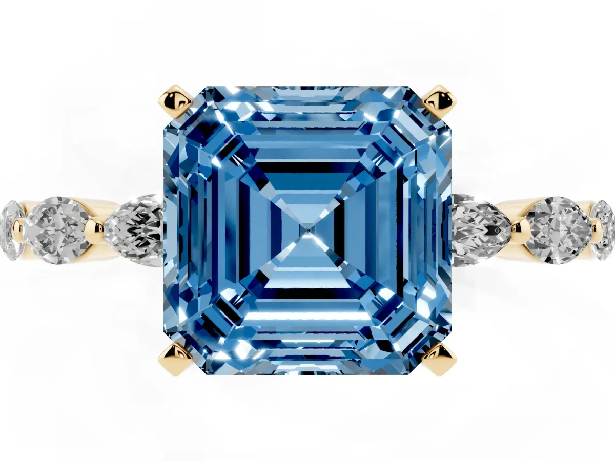 Fancy Blue Asscher Cut Diamond Ring with Marquise Side Stones and Prong Setting Yellow gold
