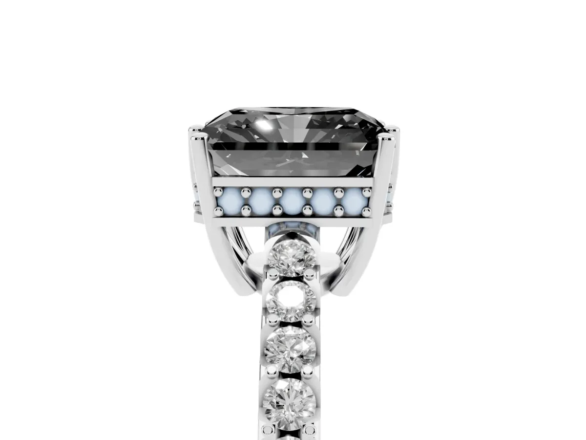 Fancy Black Radiant Cut Solitaire Diamond Engagement Ring with Pavé Band and Six-Prong Setting Silver