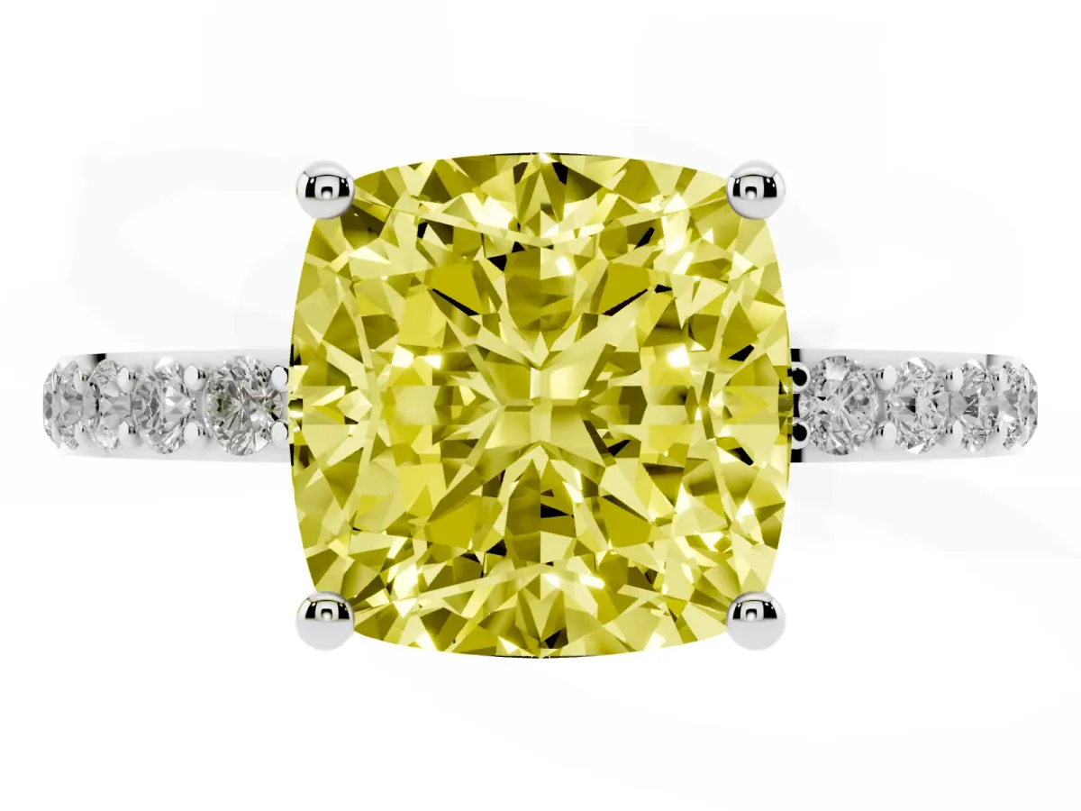 Fancy Yellow Cushion Cut Diamond Solitaire Ring with Round Pavé Shoulders and Prong Setting Silver