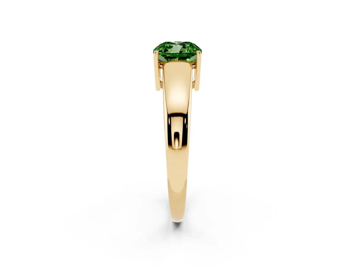 Fancy Green Cushion Cut Solitaire Diamond Ring with Tapered Band and Four-Prong Setting Yellow gold