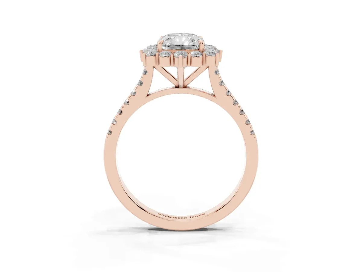 Radiant Cut Halo Diamond Ring with Pavé Band and Prong Setting Rose gold