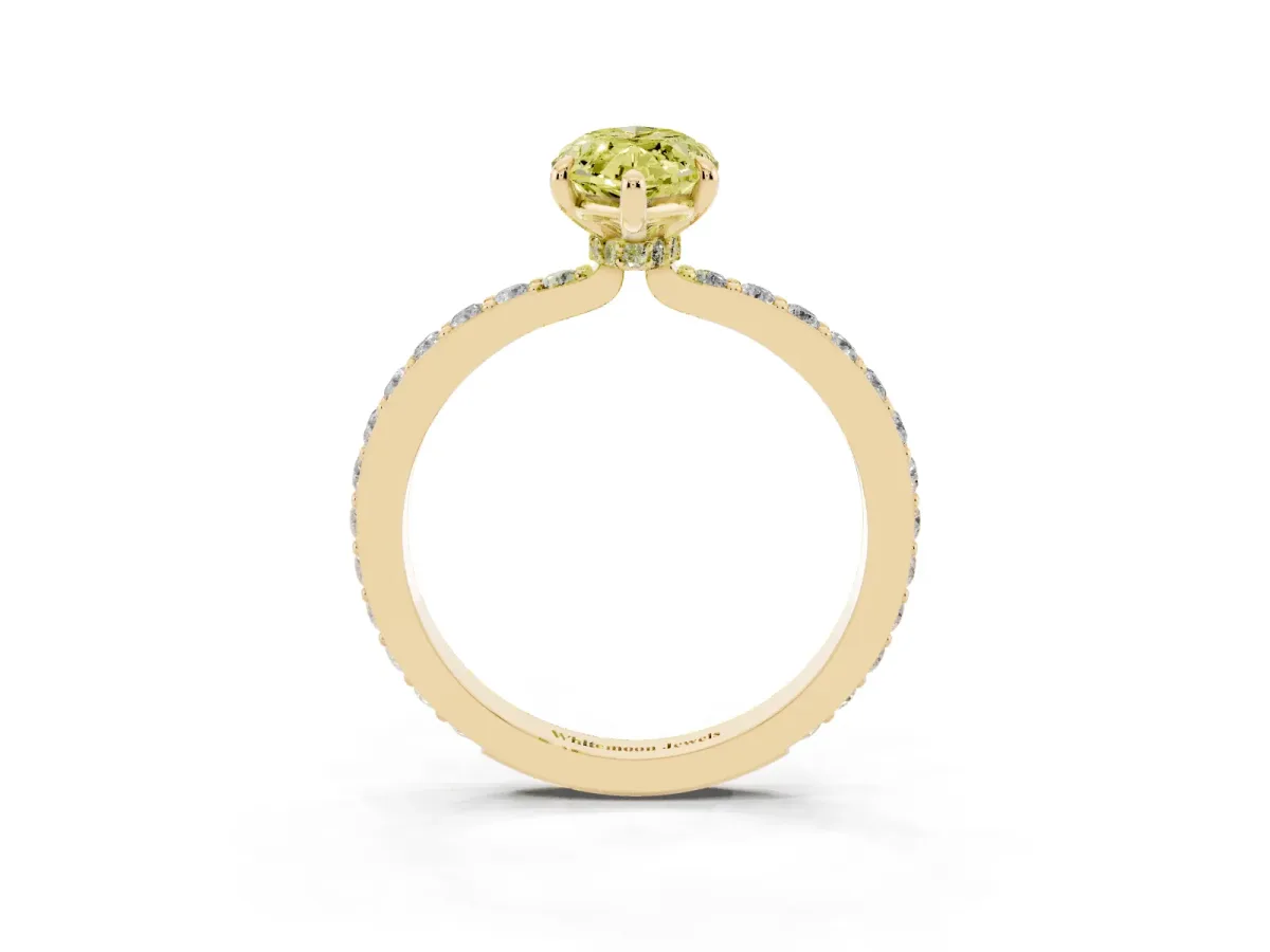 Fancy Yellow Marquise Cut Diamond Pavé Engagement Ring with Round Accents and Prong Setting Yellow gold