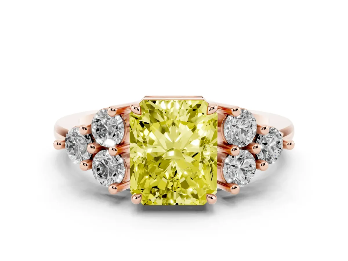 Fancy Yellow Radiant Cut Brilliant Diamond Cluster Accent Solitaire Ring with Prong Setting Rose gold