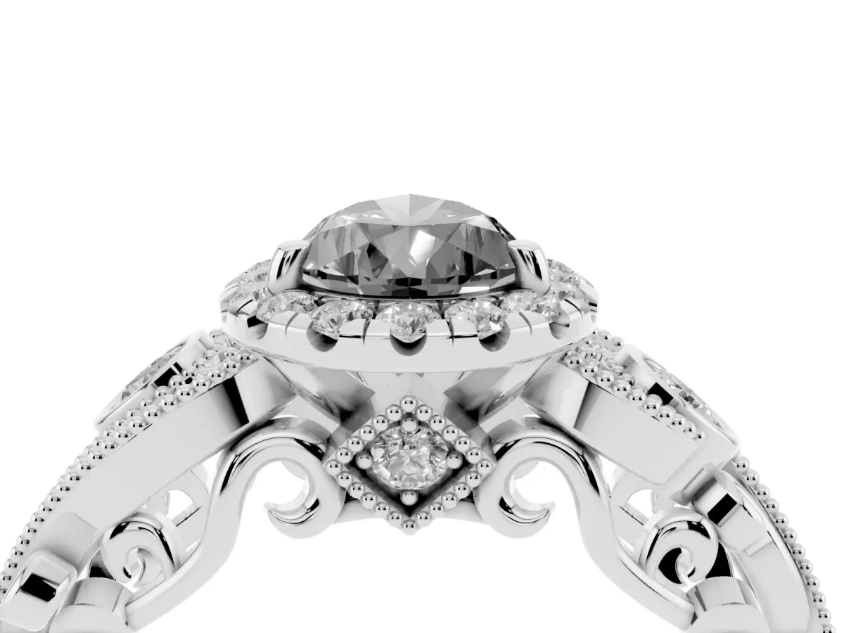 Fancy Black Pear Cut Halo Diamond Ring with Milgrain and Bezel Accents on a Split Shank Band Platinum