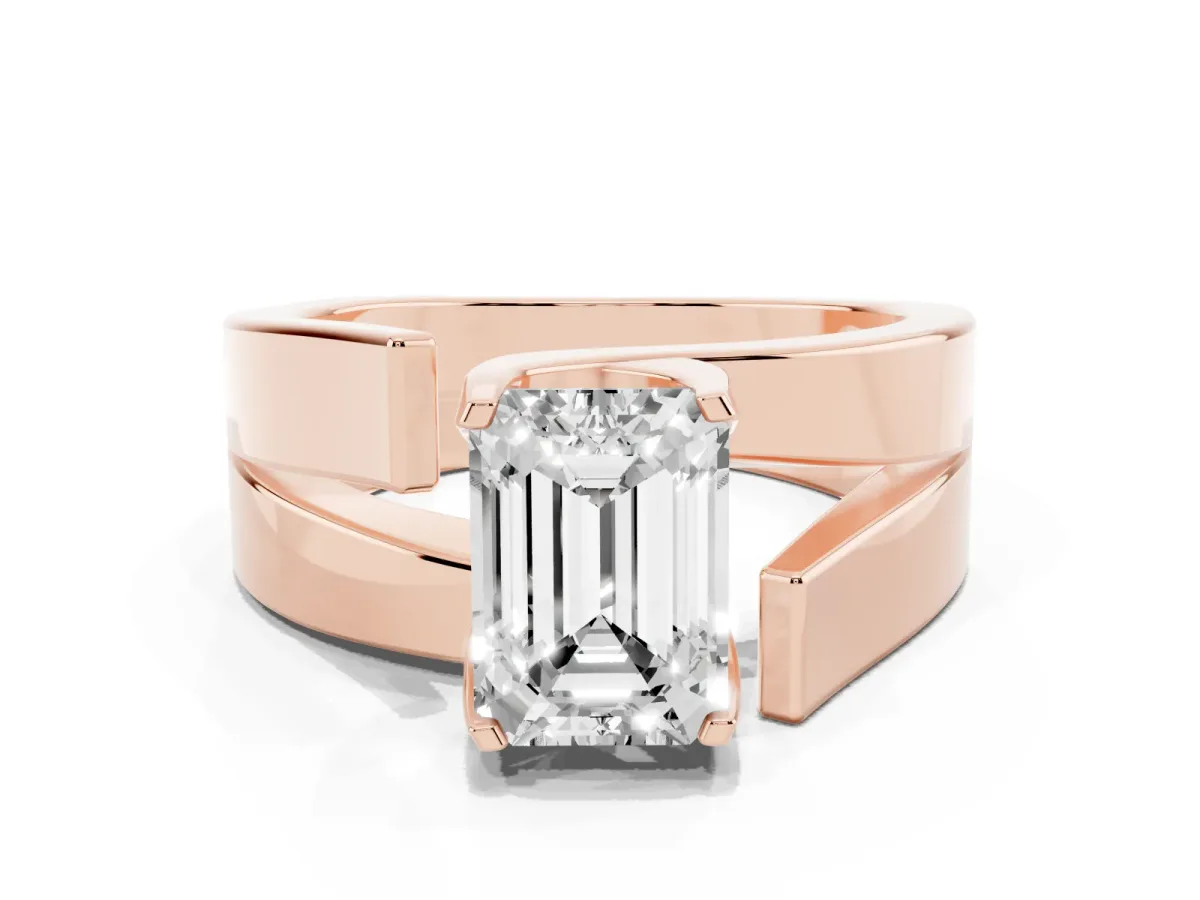 Modern Tension Set Emerald Cut Diamond Solitaire Wide Band Ring Rose gold