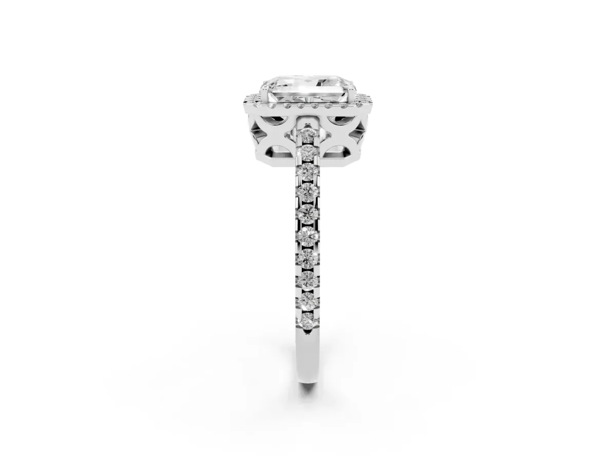 Radiant Cut Diamond Halo Engagement Ring with Pavé Band and Prong Setting Silver