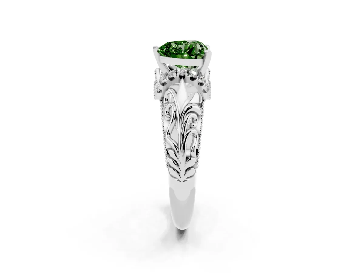Fancy Green Heart Cut Solitaire Filigree Engagement Ring with Halo and Prong Setting Platinum