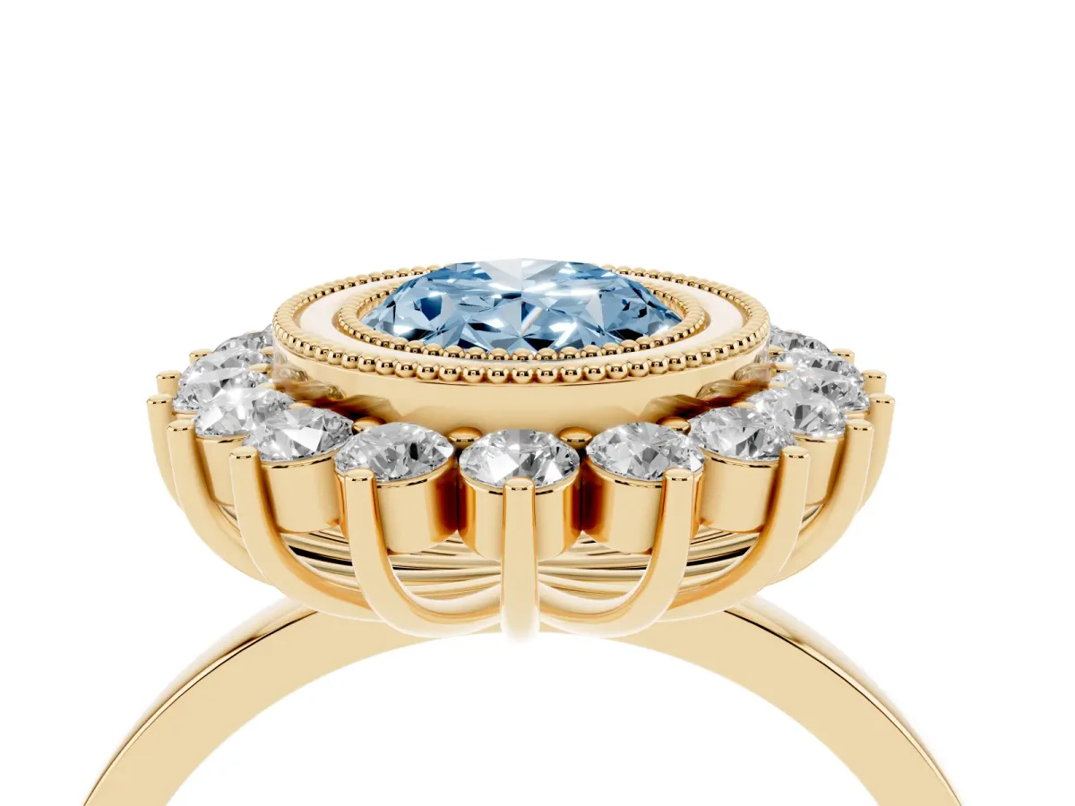 Fancy Blue Oval Cut Halo Diamond Ring with Milgrain Edge and Round Prong Setting Yellow gold