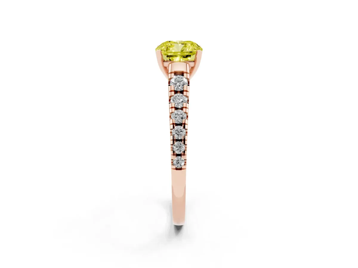 Fancy Yellow Cushion Cut Diamond Cathedral Solitaire Ring with Round Pavé Band Rose gold