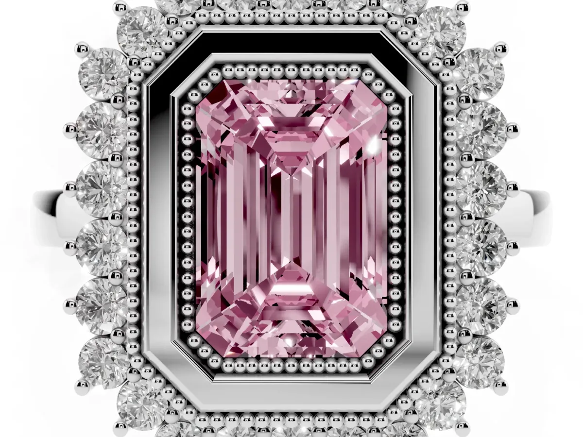 Fancy Pink Emerald Cut Halo Diamond Ring with Milgrain Edge and Round Prong Setting Silver