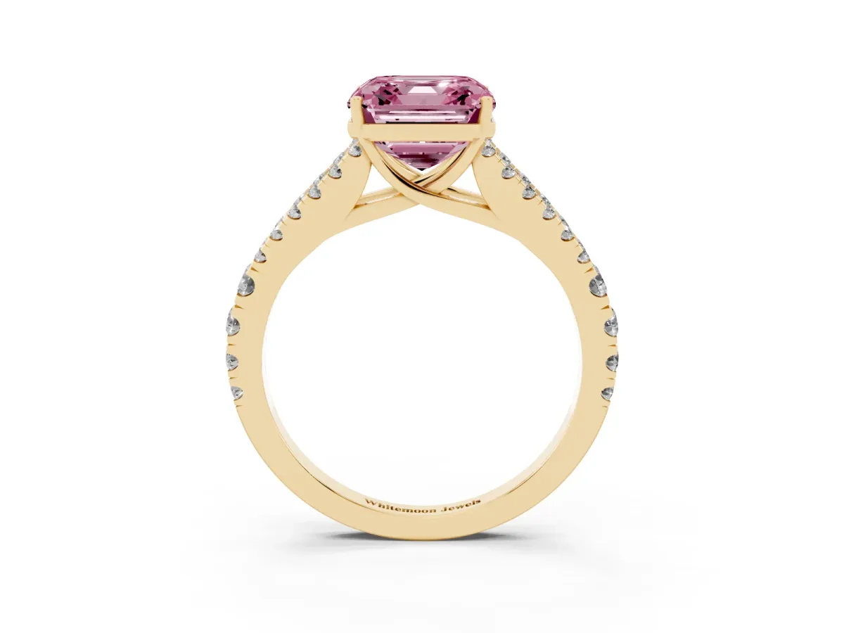 Fancy Pink Asscher Cut Diamond Split Shank Pavé Engagement Ring with Four-Prong Setting Yellow gold