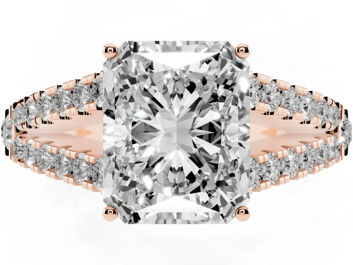 Radiant Cut Diamond Split Shank Pavé Engagement Ring with Four-Prong Setting Rose gold