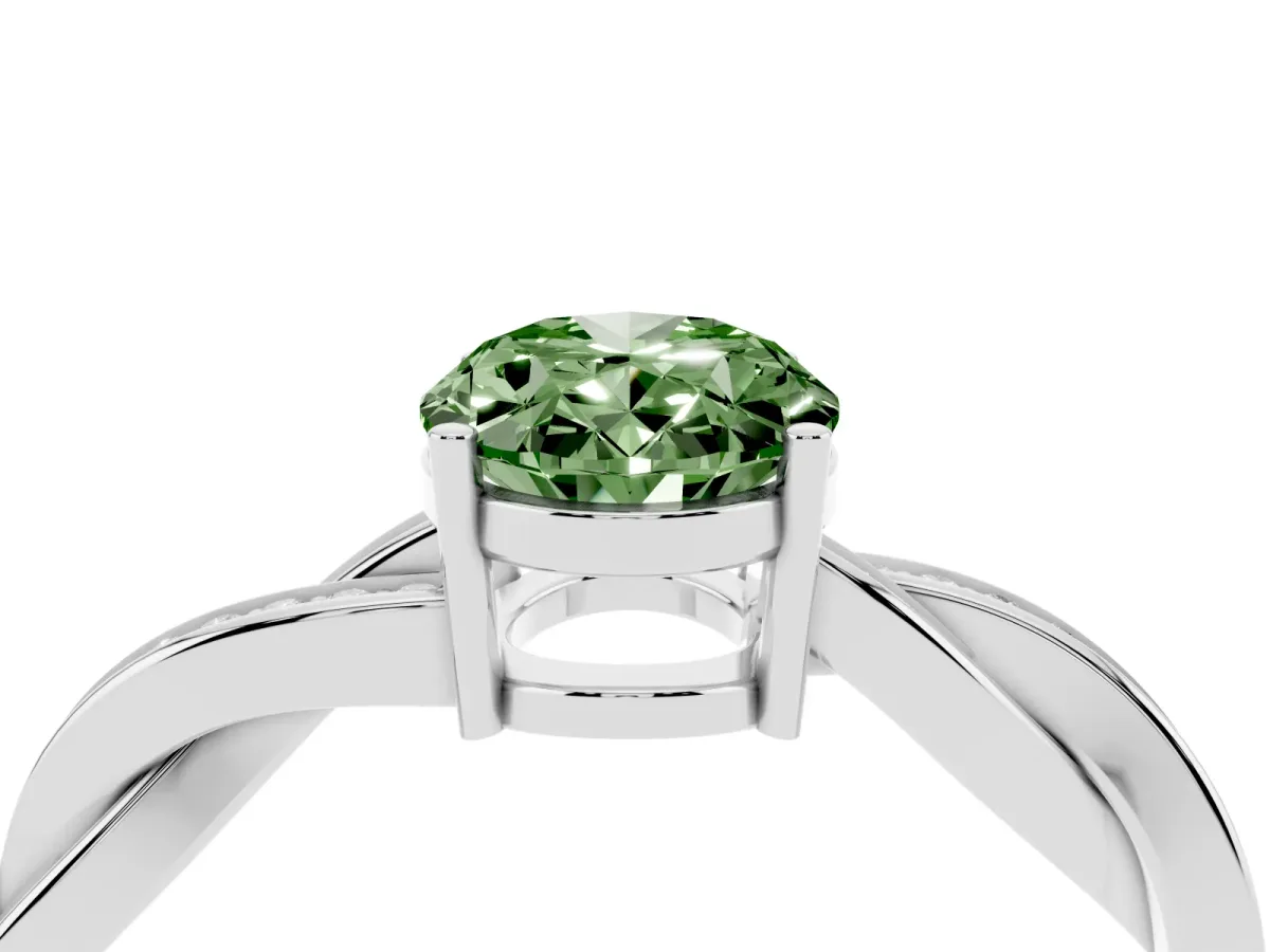 Fancy Green Oval Cut Solitaire Twisted Pave Diamond Ring with Four-Prong Setting Silver