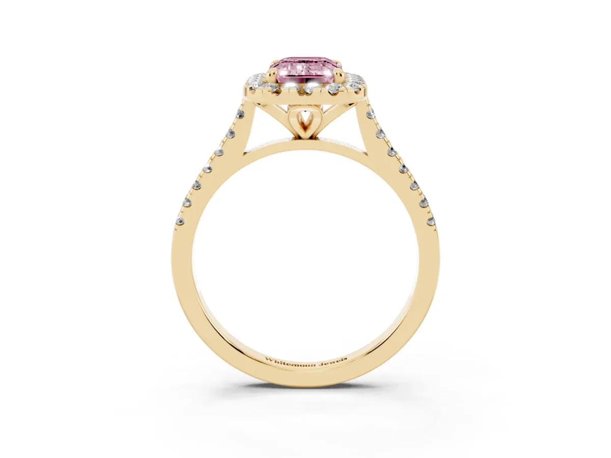 Fancy Pink Emerald Cut Diamond Cushion Halo Ring with Pavé Band Yellow gold