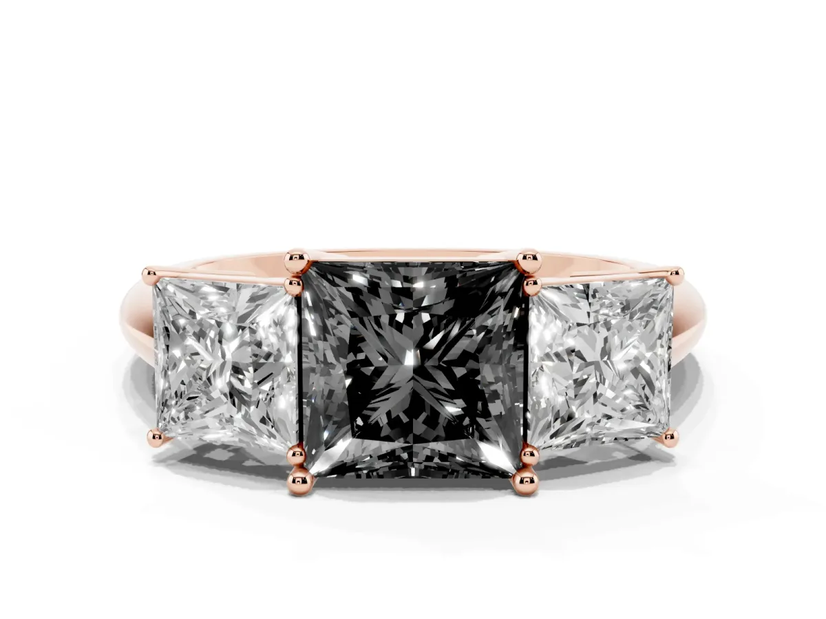 Fancy Black Three-Stone Princess Cut Cut Diamond Engagement Ring with Prong Setting on a White Gold Band Rose gold
