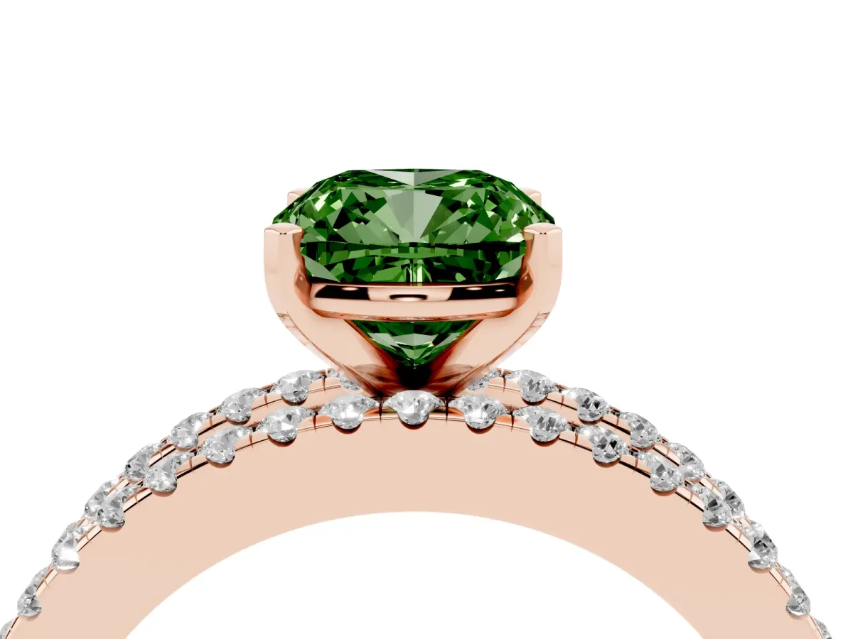 Fancy Green Cushion Cut Diamond Solitaire Ring with Pavé and Channel Set Band Rose gold